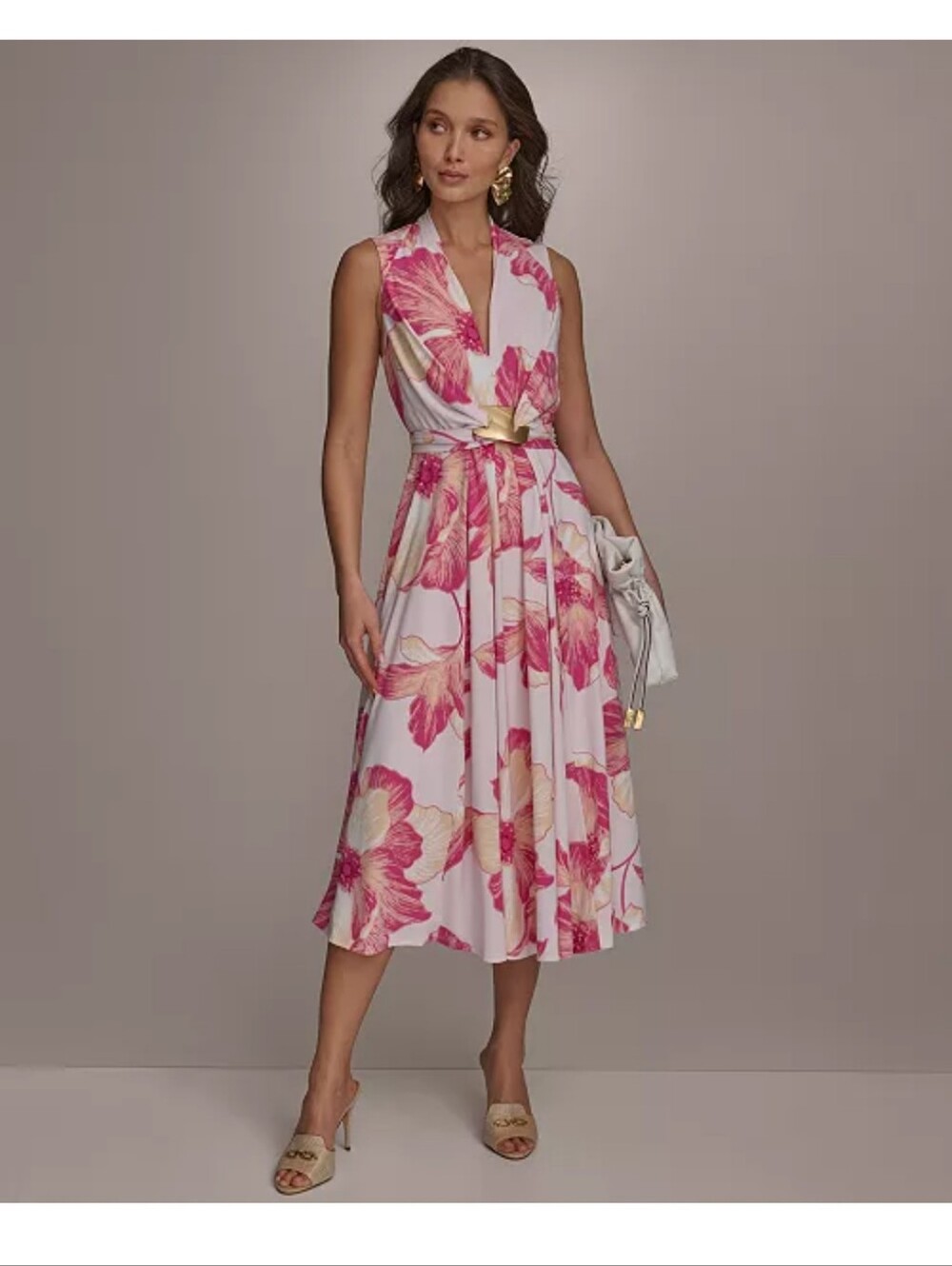 Donna Karan New York Floral Maxi Dress Size 4 Pink Gold Hardware NWT